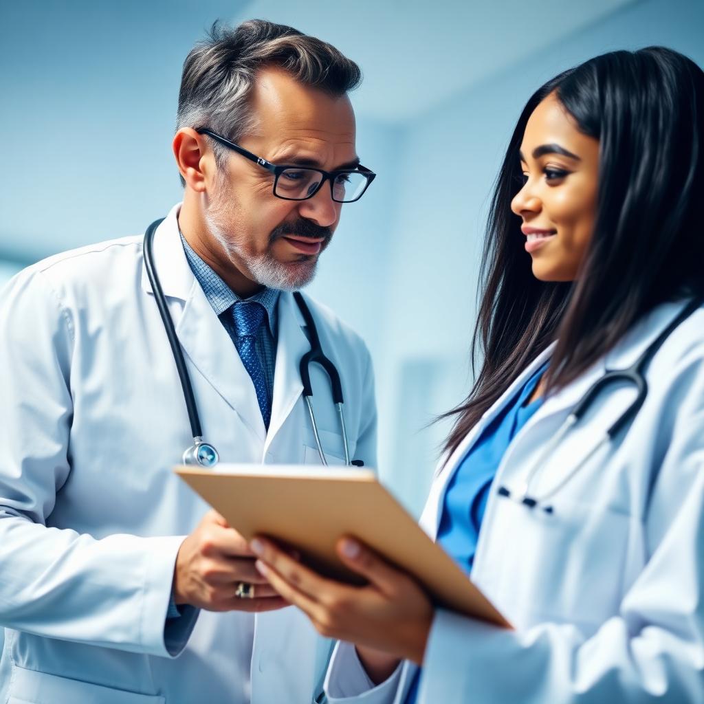 Médico mentor orientando residente com prancheta