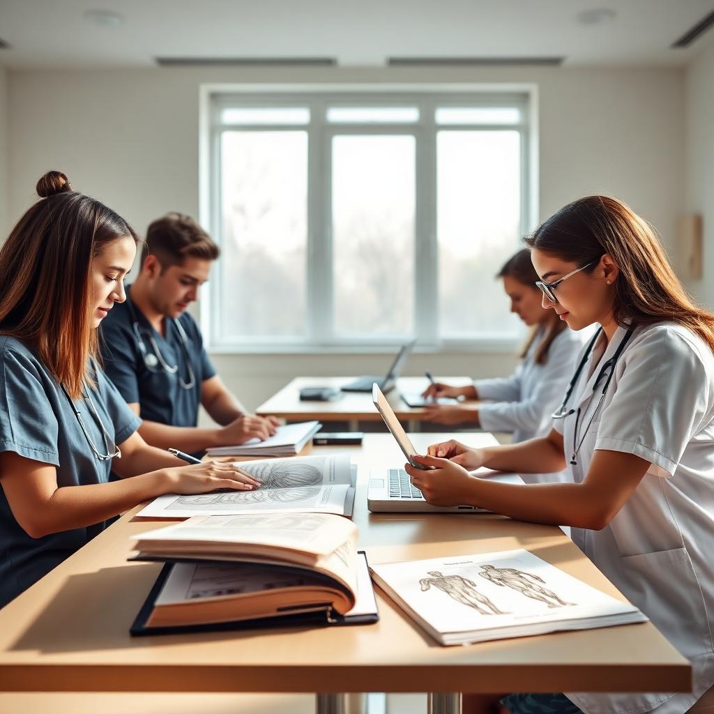 Estudantes de medicina estudando com livros e laptop